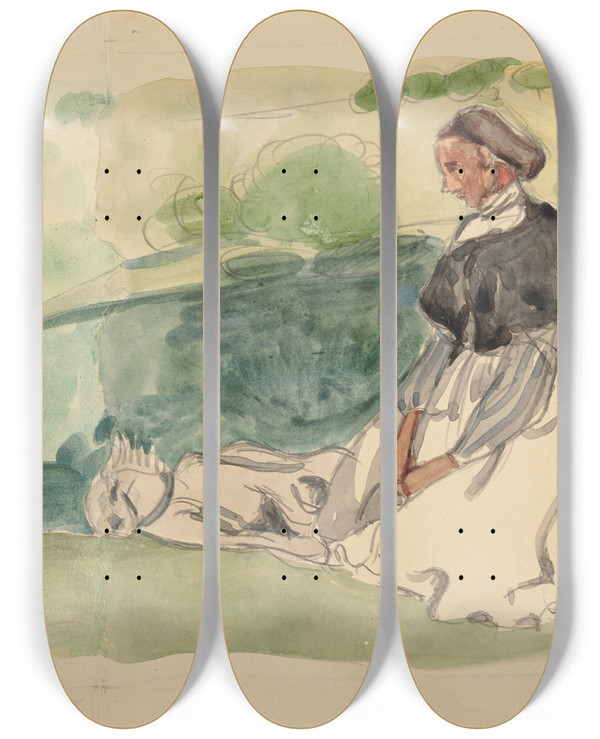 Triptych art skateboard deck of Pierre Roy Bretonne Assise Dans Un Pr by Pierre Roy (1880-1950)