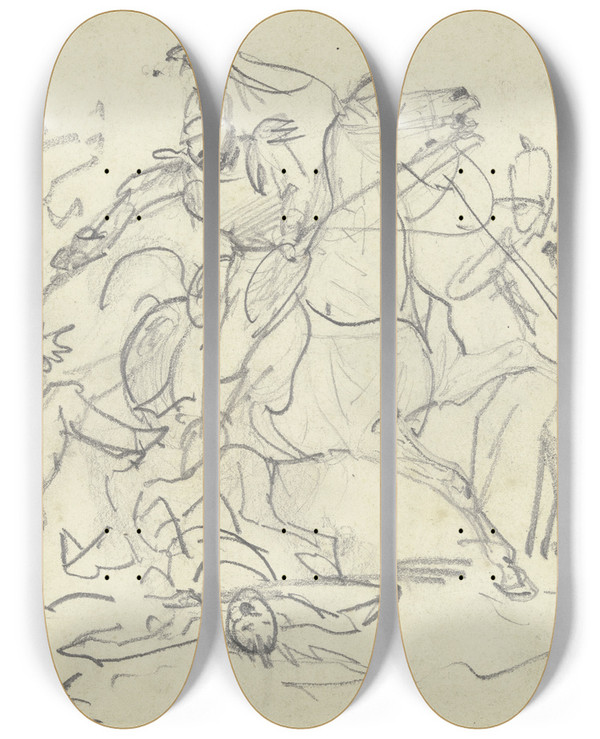 Triptych art skateboard deck of Louis Ferdinand Von Rayski Cavalery Battle by Louis Ferdinand Von Rayski