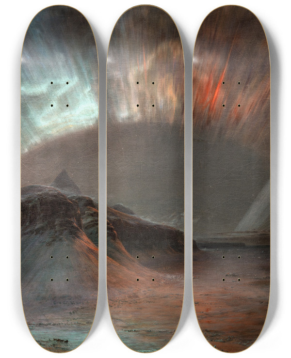 Triptych art skateboard deck of Frederic Edwin Church Aurora Borealis by Frederic Edwin Church (1826-1900)