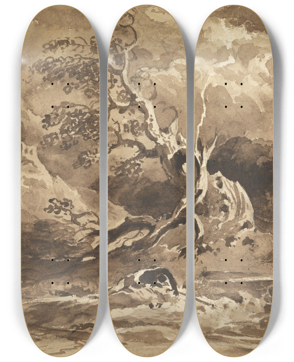 Triptych art skateboard deck of Cornelius Varley A Tree Struck By Lightning by Cornelius Varley (1781-1873)