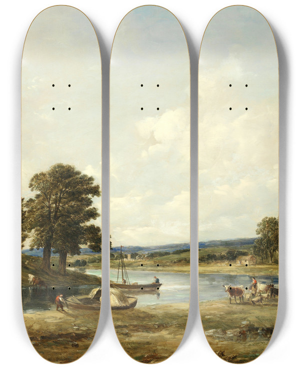 Triptych art skateboard deck of Alfred Vickers Snr Riverside Activity by Alfred Vickers Snr