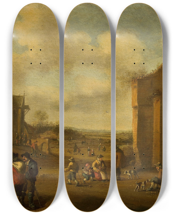 Triptych art skateboard deck of Joost Cornelisz Droochsloot Countryside Landscape With Peasants by Joost Cornelisz Droochsloot (1586-1666)