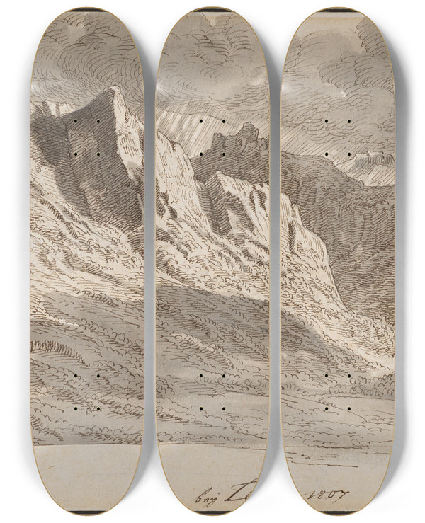 Triptych art skateboard deck of Jakob Christoph Miville Blick Ber Die Berge Bei Lecco by Jakob Christoph Miville (1786-1836)