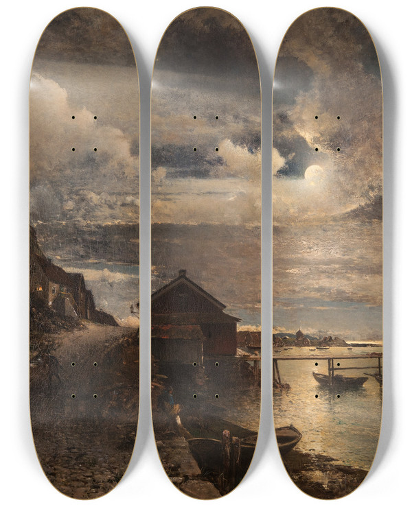 Triptych art skateboard deck of Alfred Wahlberg Moonlight Fjllbacka by Alfred Wahlberg (1834-1906)