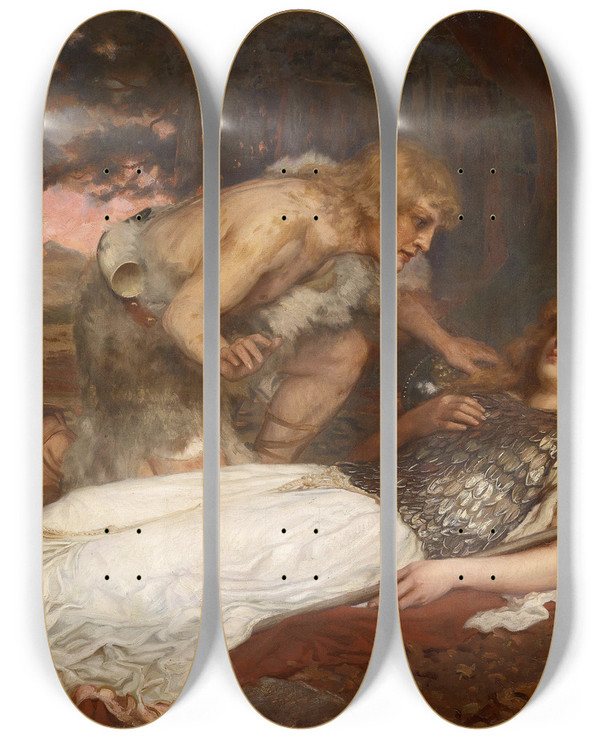 Triptych art skateboard deck of Charles Ernest Butler Siegfried Und Brunnhilde by Charles Ernest Butler (1864-1918)