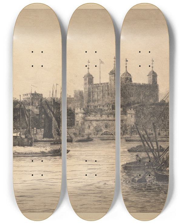 Triptych art skateboard deck of Charles E Holloway The Tower Of London by Charles E Holloway