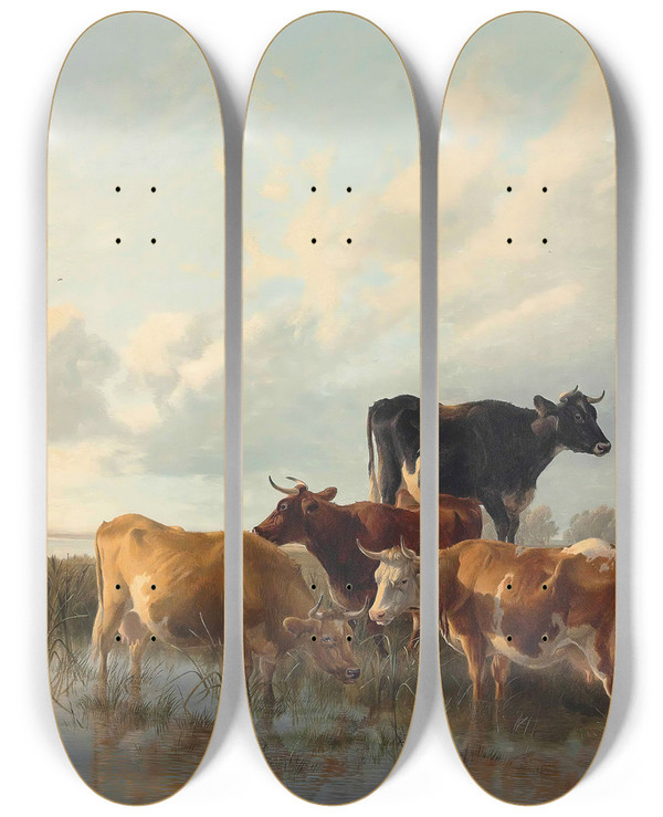 Triptych art skateboard deck of Thomas Sidney Cooper Cattle By A River by Thomas Sidney Cooper (1803-1902)