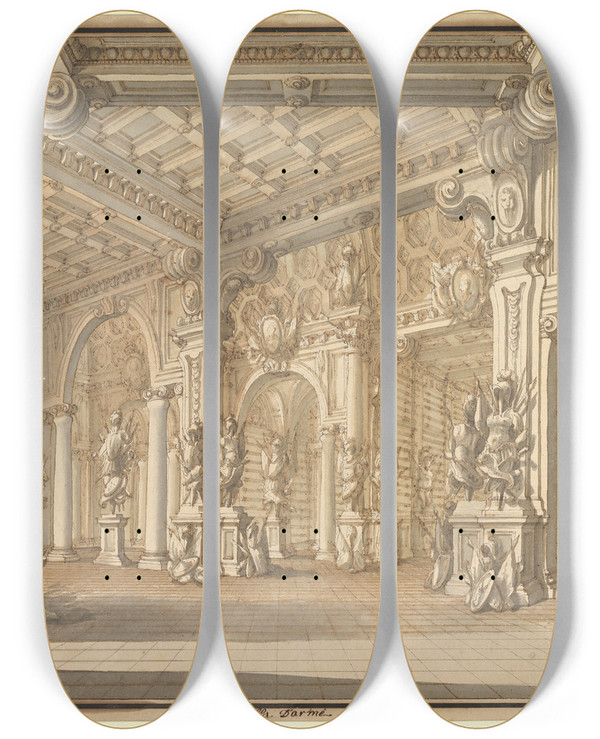 Triptych art skateboard deck of Carlo Zucchi The Younger Design For A Stage Set by Carlo Zucchi the Younger (1728-1796)