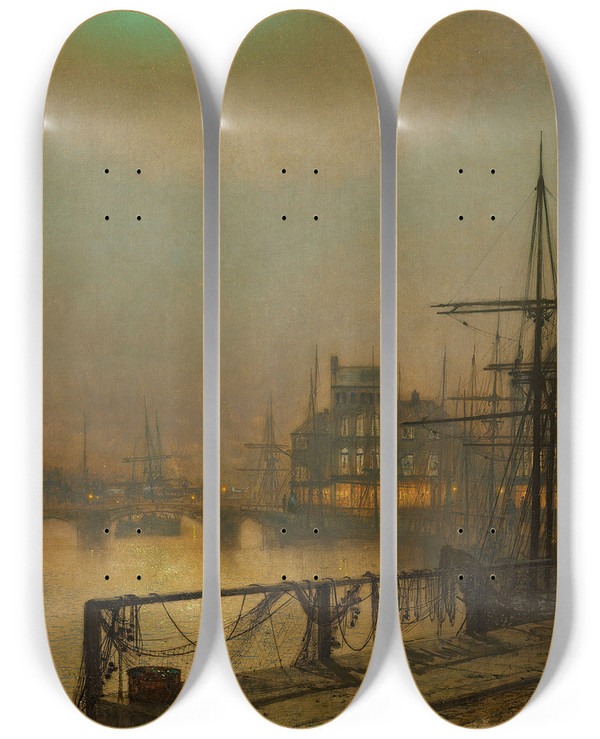 Triptych art skateboard deck of John Atkinson Grimshaw Whitby At Night by John Atkinson Grimshaw (1836-1893)