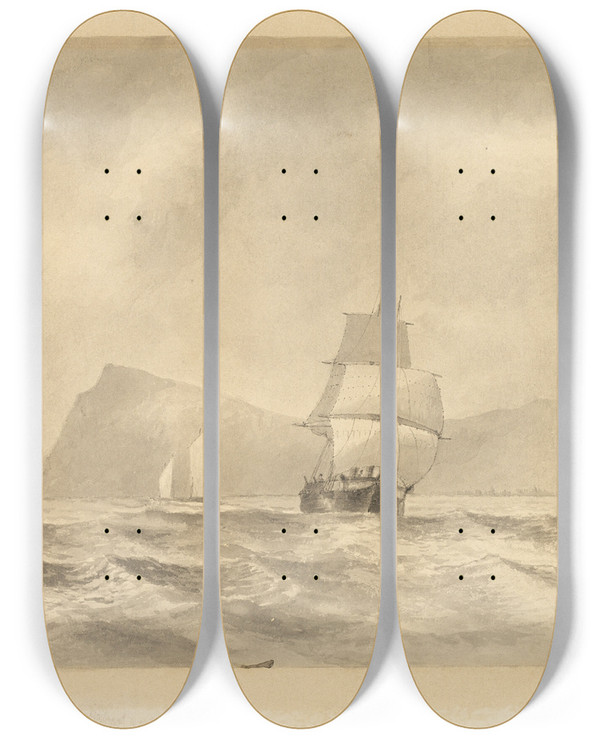 Triptych art skateboard deck of Edward William Cooke Off Whitby by Edward William Cooke (1811-1880)