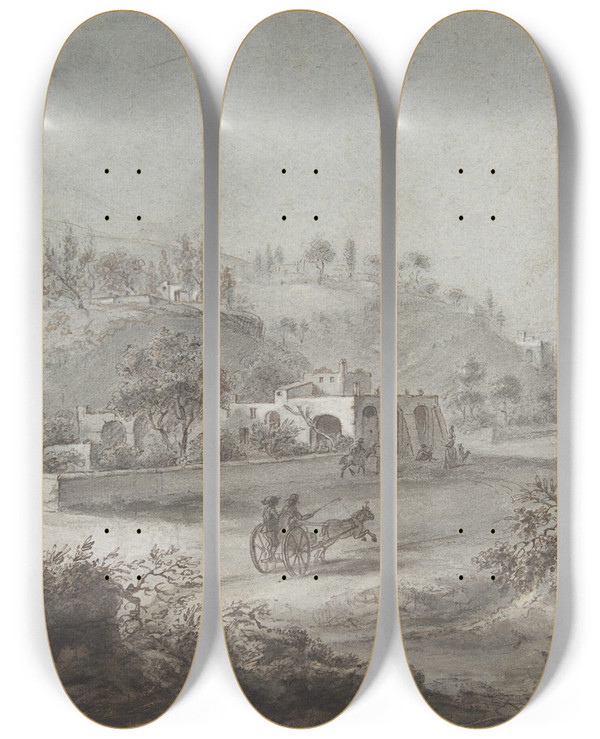 Triptych art skateboard deck of Giuseppe Zocchi Landscape Prospect With A Buggy And A Herd Of Goats by Giuseppe Zocchi (1711-1767)