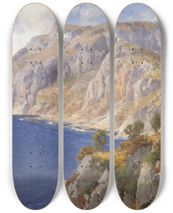 Triptych art skateboard deck of Joseph Schoyerer Blick Auf Capri by Joseph Schoyerer (1844-1923)