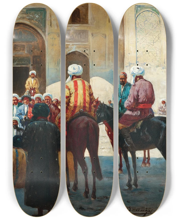 Triptych art skateboard deck of Richard Karlovich Zommer Samarkand Before The Sherdormadrasa by Richard Karlovich Zommer (1866-1939)