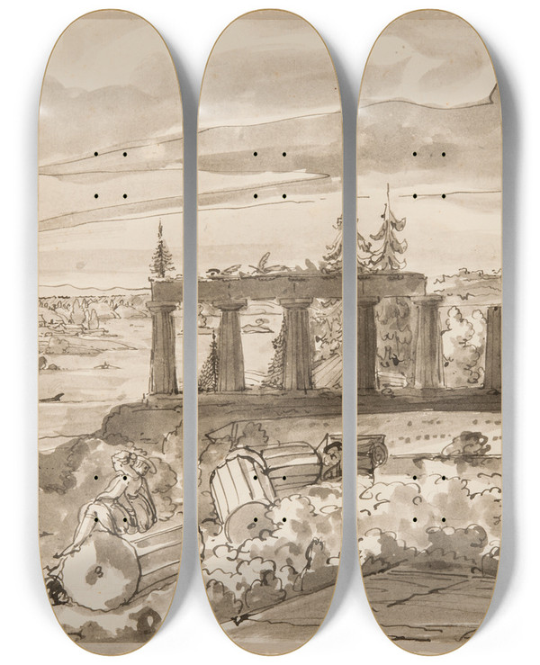 Triptych art skateboard deck of Carl August Ehrensvrd Nordic Landscape With Classical Temple Ruin by Carl August Ehrensvard (1745-1800)