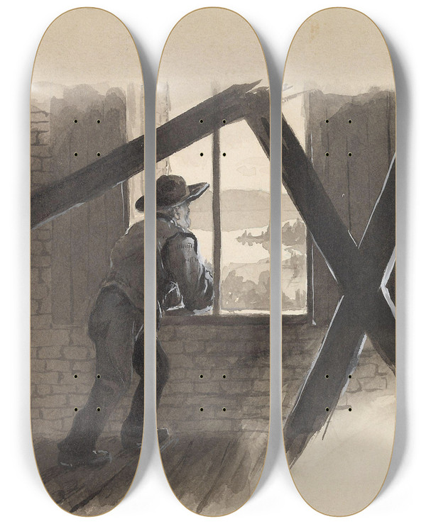 Triptych art skateboard deck of Gustav Wentzel The Old Gravedigger by Gustav Wentzel (1859-1927)