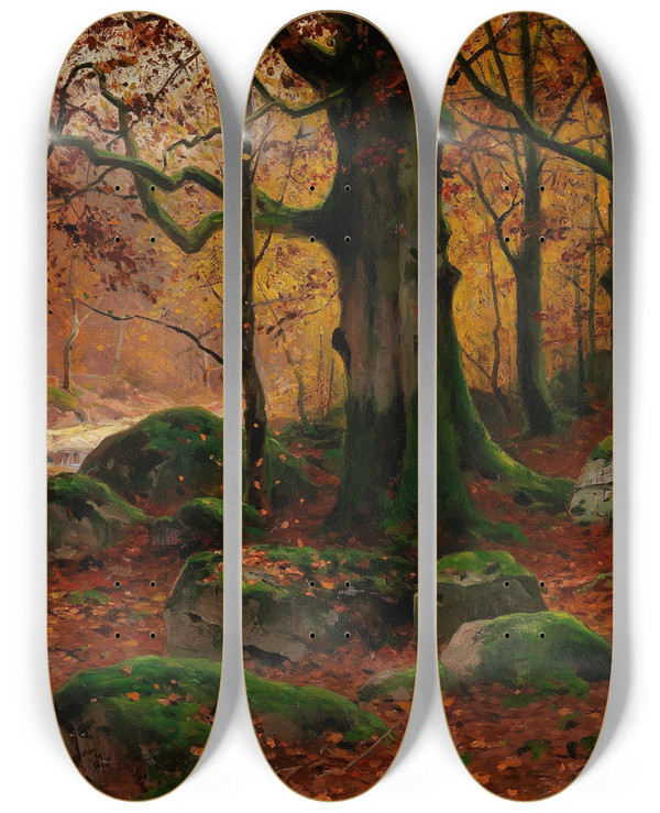 Triptych art skateboard deck of Walter Moras Herbstwald Ii by Walter Moras (1856-1925)