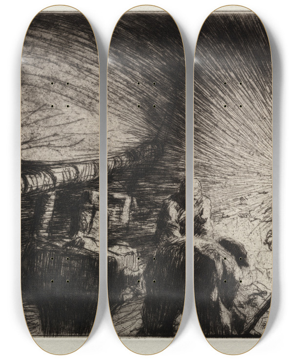 Triptych art skateboard deck of Arthur John Trevor Briscoe Sorting Fish by Arthur John Trevor Briscoe (1873-1943)