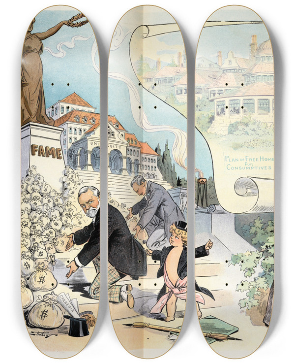 Triptych art skateboard deck of Samuel Ehrhart A Word To Grand Stand Specialists by Samuel Ehrhart (1862-1937)