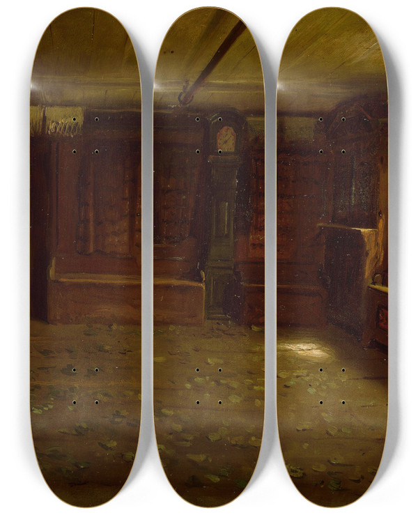 Triptych art skateboard deck of Adolph Tidemand Farm Interior by Adolph Tidemand (1814-1876)