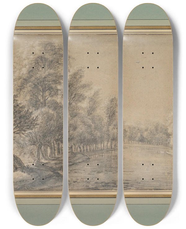 Triptych art skateboard deck of Antonie Waterloo River Landscape_1 by Antonie Waterloo (1609-1690)