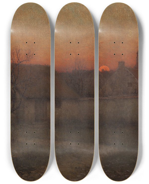 Triptych art skateboard deck of Frederick Judd Waugh Country Cabins At Sunset by Frederick Judd Waugh (1861-1940)