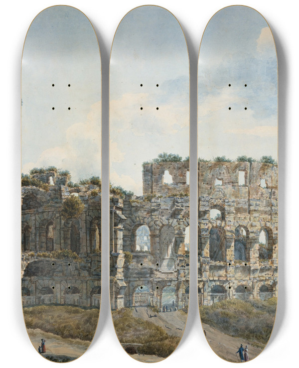 Triptych art skateboard deck of Abrahamlouisrodolphe Ducros The Colosseum Rome by Abraham-Louis-Rodolphe Ducros (1748-1810)
