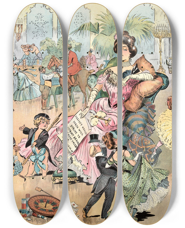 Triptych art skateboard deck of Samuel Ehrhart A Word To The Otherwise by Samuel Ehrhart (1862-1937)