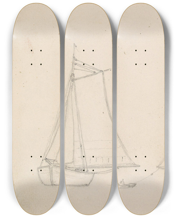 Triptych art skateboard deck of Hans Gude Studier Av Jagt_1 by Hans Gude (1825-1903)