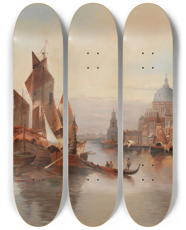 Triptych art skateboard deck of Karl Kaufmann Venetian Scene_3 by Karl Kaufmann (1843-1905)