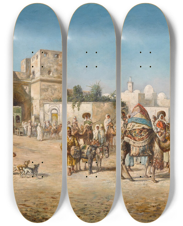Triptych art skateboard deck of Mariano De Franceschi Caravan Departing Bab Alnasr Cairo by Mariano De Franceschi (1849-1896)