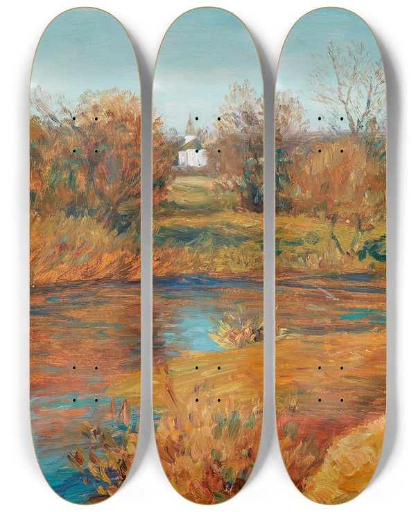 Triptych art skateboard deck of Frantiek Kavn Early Spring by Frantisek Kavan (1866-1841)