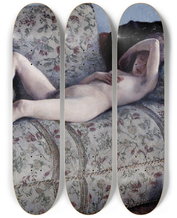 Triptych art skateboard deck of Gustave Caillebotte Nude On A Couch by Gustave Caillebotte (1848-1894)
