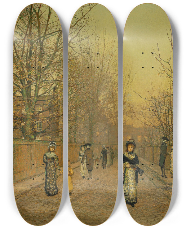 Triptych art skateboard deck of John Atkinson Grimshaw A Salutation by John Atkinson Grimshaw (1836-1893)