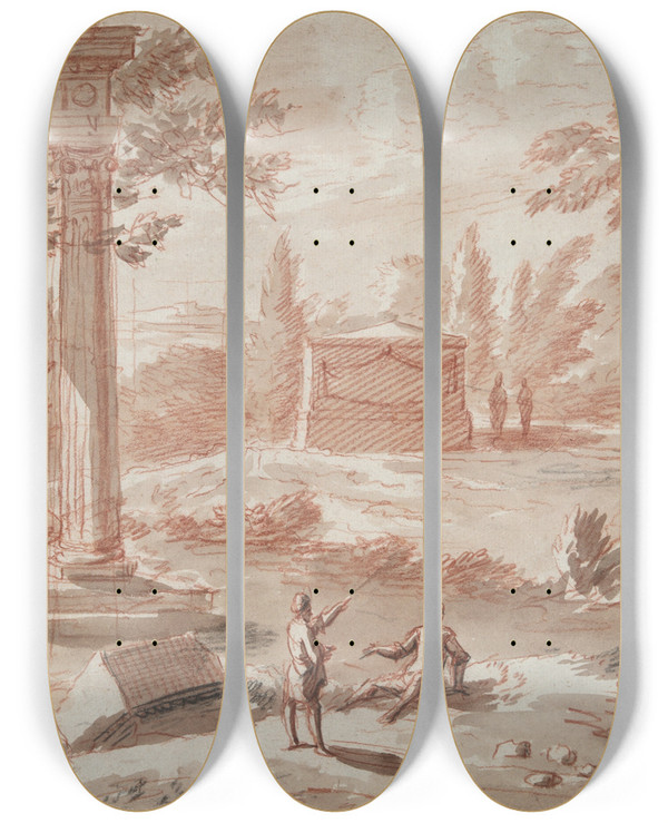 Triptych art skateboard deck of Abraham Rademaker Landscape With Tomb Ruins Andfigures by Abraham Rademaker (1675-1735)