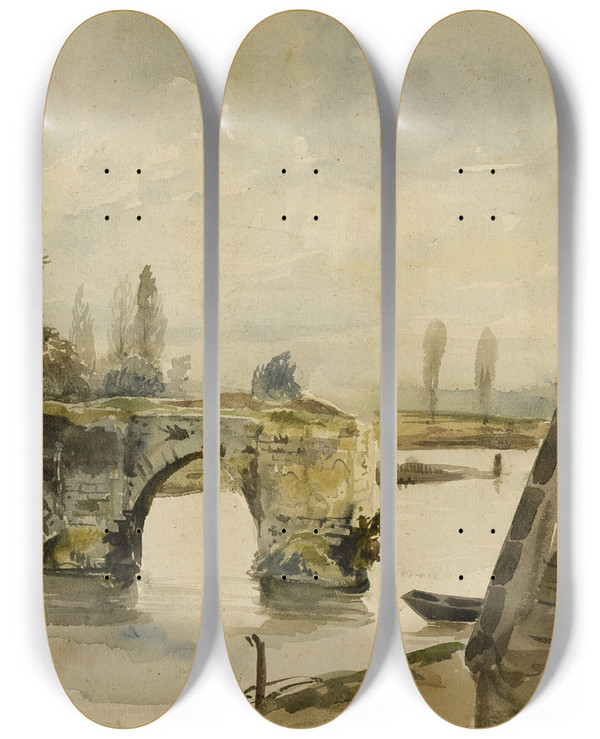 Triptych art skateboard deck of Eugne Delacroix The Old Bridge At Nantes by Eugene Delacroix (1798-1863)