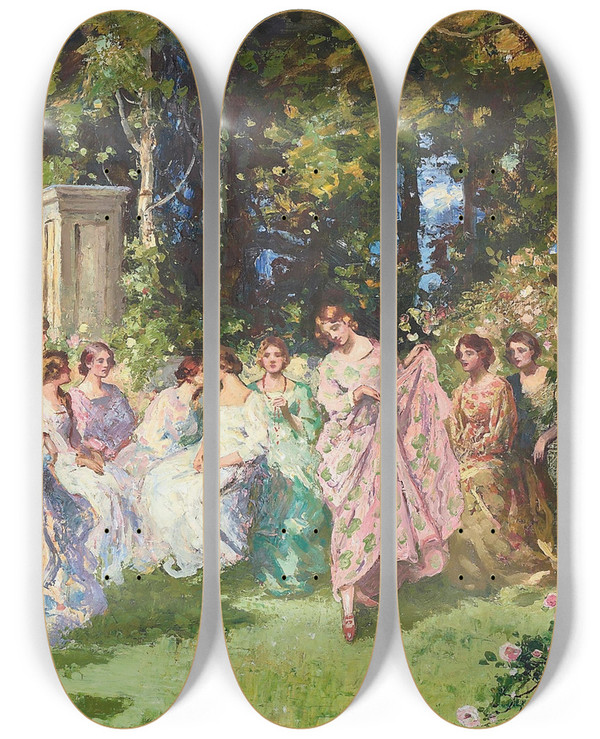 Triptych art skateboard deck of Thomas Edwin Mostyn Fte Champtre by Thomas Edwin Mostyn (1864-1930)