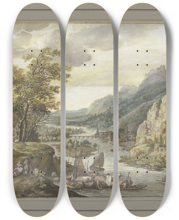 Triptych art skateboard deck of Gerrit Battem Flat Landscape by Gerrit Battem (1636-1684)