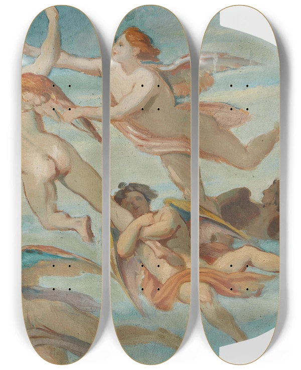 Triptych art skateboard deck of Moritz Von Schwind The Struggle For The Wreath by Moritz Von Schwind (1804-1871)