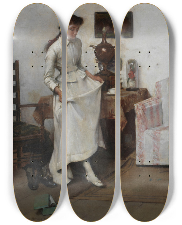 Triptych art skateboard deck of Albert Chevallier Tayler Trying Them On by Albert Chevallier Tayler (1862-1925)