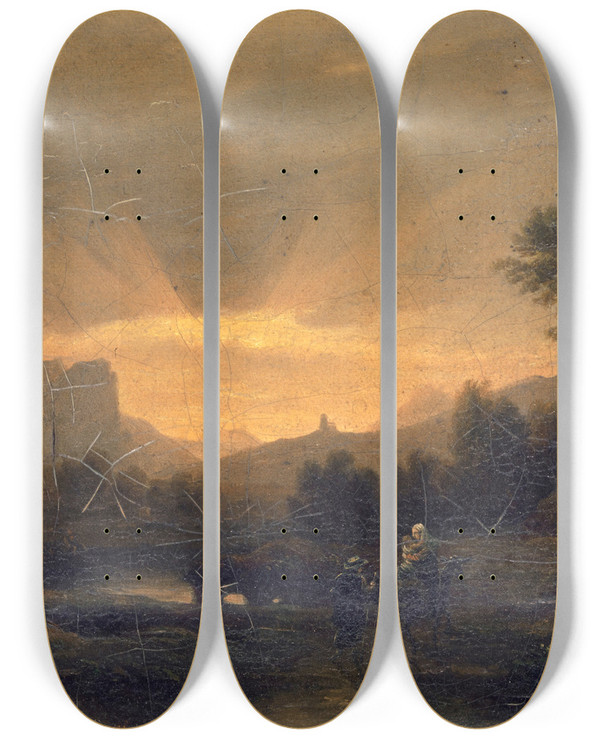 Triptych art skateboard deck of Jakob Christoph Miville River Landscape With Flight Into Egypt by Jakob Christoph Miville (1786-1836)