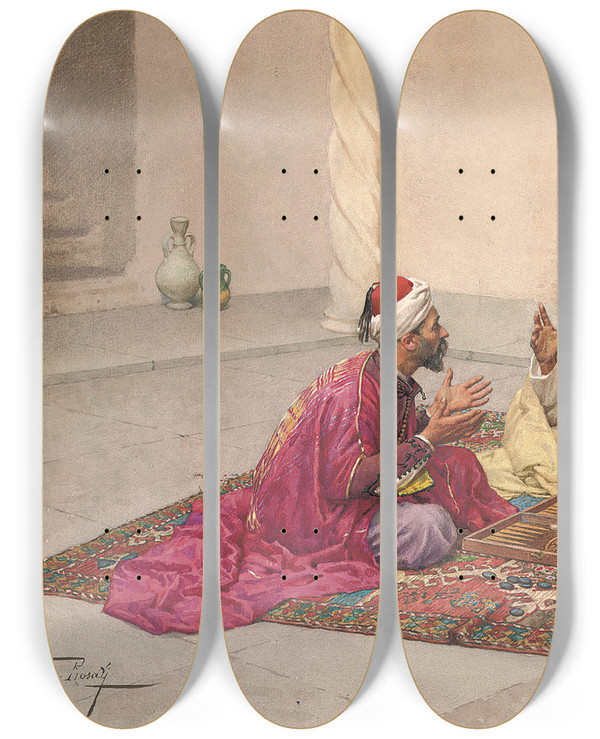 Triptych art skateboard deck of Giulio Rosati Backgammon Players In A Courtyard by Giulio Rosati (1858-1917)