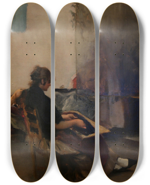 Triptych art skateboard deck of John Singer Sargent The Bead Threaders Of Venice by John Singer Sargent (1856-1925)