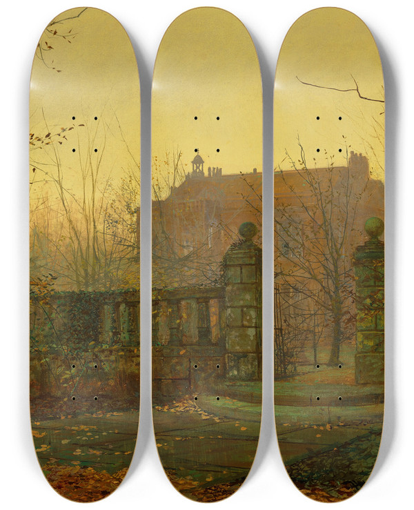 Triptych art skateboard deck of John Atkinson Grimshaw Autumn Morning by John Atkinson Grimshaw (1836-1893)