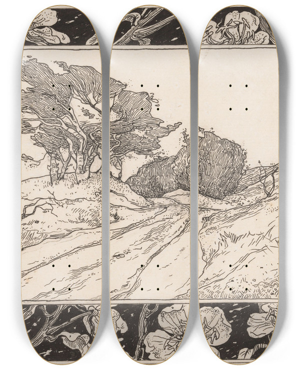 Triptych art skateboard deck of Willem Wenckebach Duinlandschap Met Helmgras by Willem Wenckebach (1860-1937)