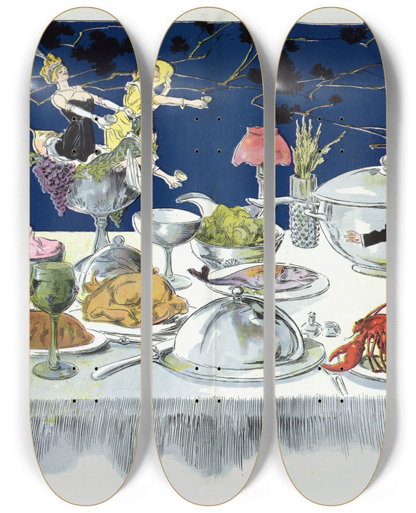 Triptych art skateboard deck of Henry Mayer On The Road To Carlsbad by Henry Mayer (1868-1954)