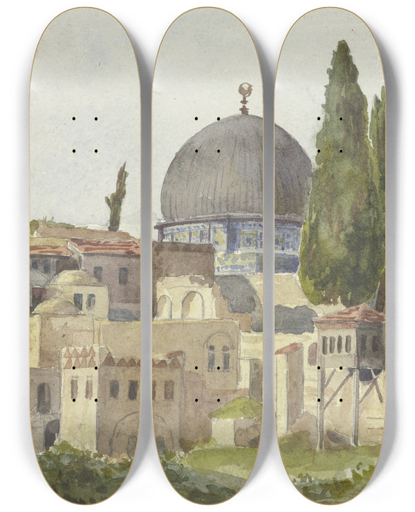 Triptych art skateboard deck of Fritz Hauck Teilansicht Von Jerusalem Blick Auf Die Omarmoschee by Fritz Hauck (1852-1909)