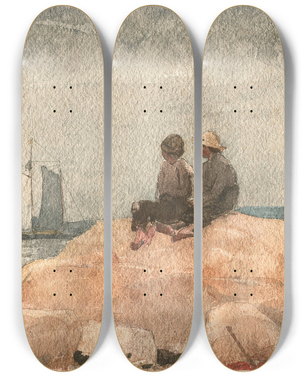 Triptych art skateboard deck of Winslow Homer Two Boys Watching Schooners by Winslow Homer (1836-1910)