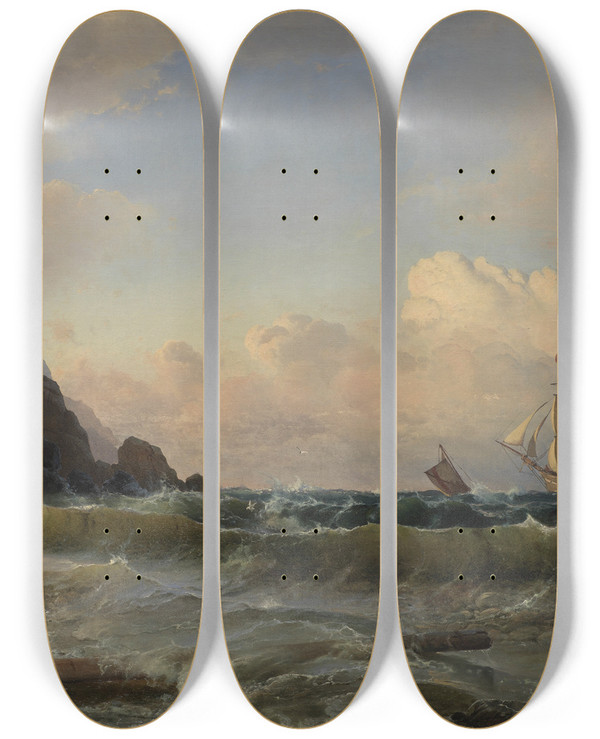 Triptych art skateboard deck of Carl Frederik Srensen A Norwegian Coastline by Carl Frederik Sorensen (1818-1879)