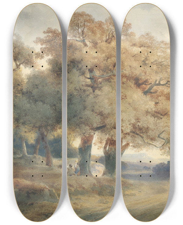 Triptych art skateboard deck of Alexandre Calame Trees Tracks And Figures by Alexandre Calame (1810-1864)