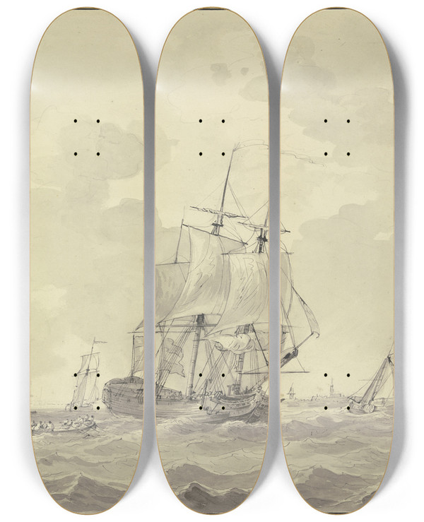 Triptych art skateboard deck of Gerrit Groenewegen Schiffe Bei Bewegter See Eines Lst Eine Kanone Vorne Zwei Ruderboote by Gerrit Groenewegen
